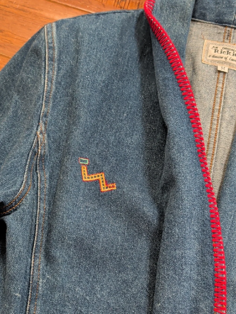 An Original Rickie Vintage Aztec Western Equestrian Denim Jacket with Red Trim